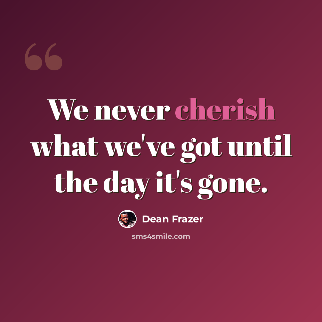 “We never cherish what we've got until the day it's gone.” quote by Dean Frazer