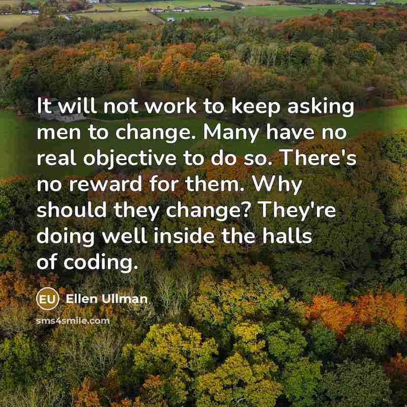 “It will not work to keep asking men to change. Many have no real objective to do so. There's no reward for them. Why should they change? They're doing well inside the halls of coding.” quote by Ellen Ullman