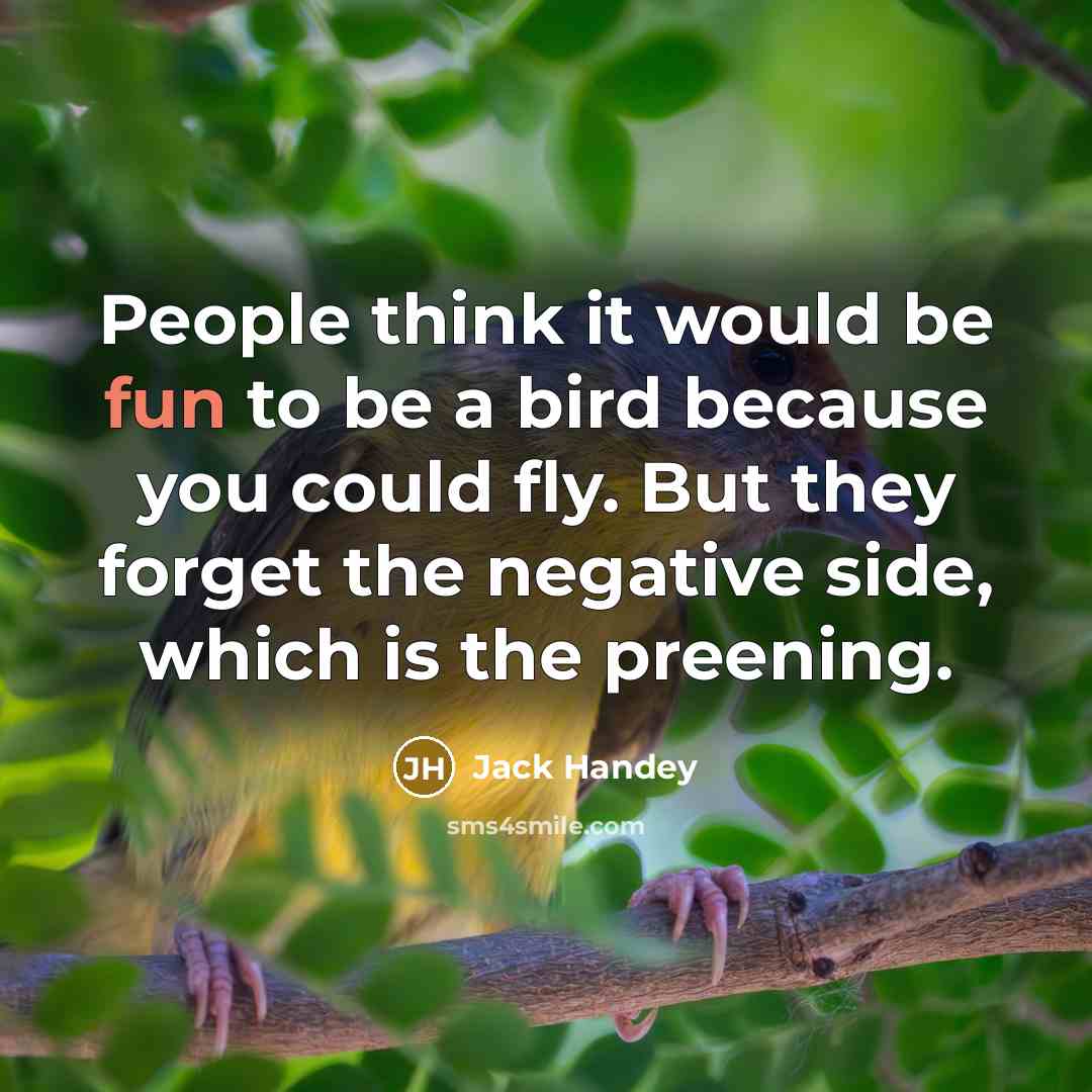 “People think it would be fun to be a bird because you could fly. But they forget the negative side, which is the preening.” quote by Jack Handey