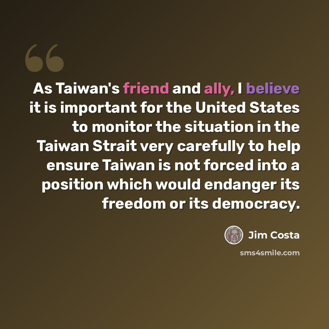 “As Taiwan's friend and ally, I believe it is important for the United States to monitor the situation in the Taiwan Strait very carefully to help ensure Taiwan is not forced into a position which would endanger its freedom or its democracy.” quote by Jim Costa