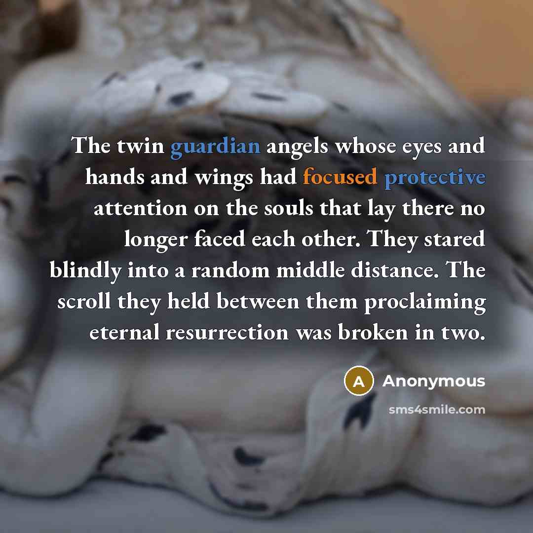 “The twin guardian angels whose eyes and hands and wings had focused protective attention on the souls that lay there no longer faced each other. They stared blindly into a random middle distance. The scroll they held between them proclaiming eternal resurrection was broken in two.” quote by Anonymous