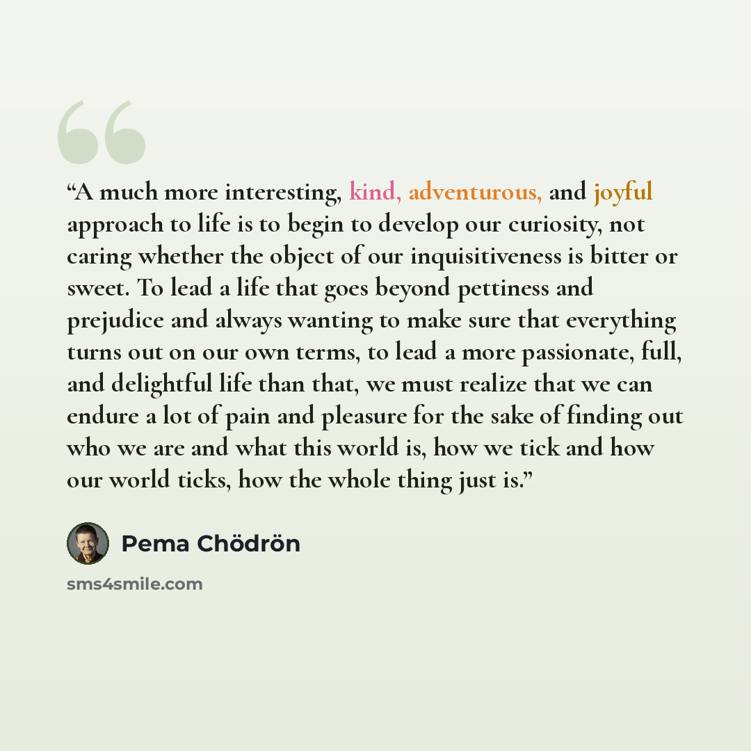 “A much more interesting, kind, adventurous, and joyful approach to life is to begin to develop our curiosity, not caring whether the object of our inquisitiveness is bitter or sweet. To lead a life that goes beyond pettiness and prejudice and always wanting to make sure that everything turns out…” quote by Pema Chödrön