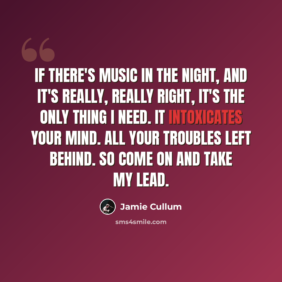 “If there's music in the night, and it's really, really right, it's the only thing I need. It intoxicates your mind. All your troubles left behind. So come on and take my lead.” quote by Jamie Cullum