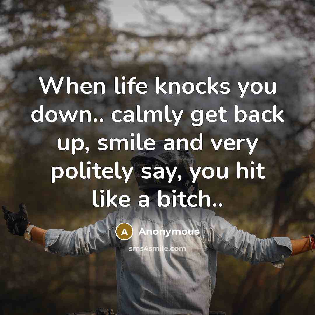 “When life knocks you down.. calmly get back up, smile and very politely say, you hit like a bitch..” quote by Anonymous