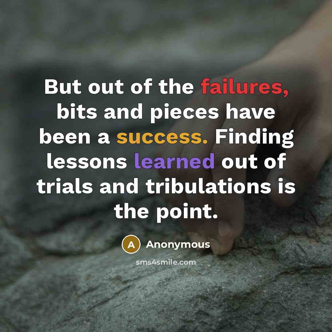 “But out of the failures, bits and pieces have been a success. Finding lessons learned out of trials and tribulations is the point.” quote by Anonymous