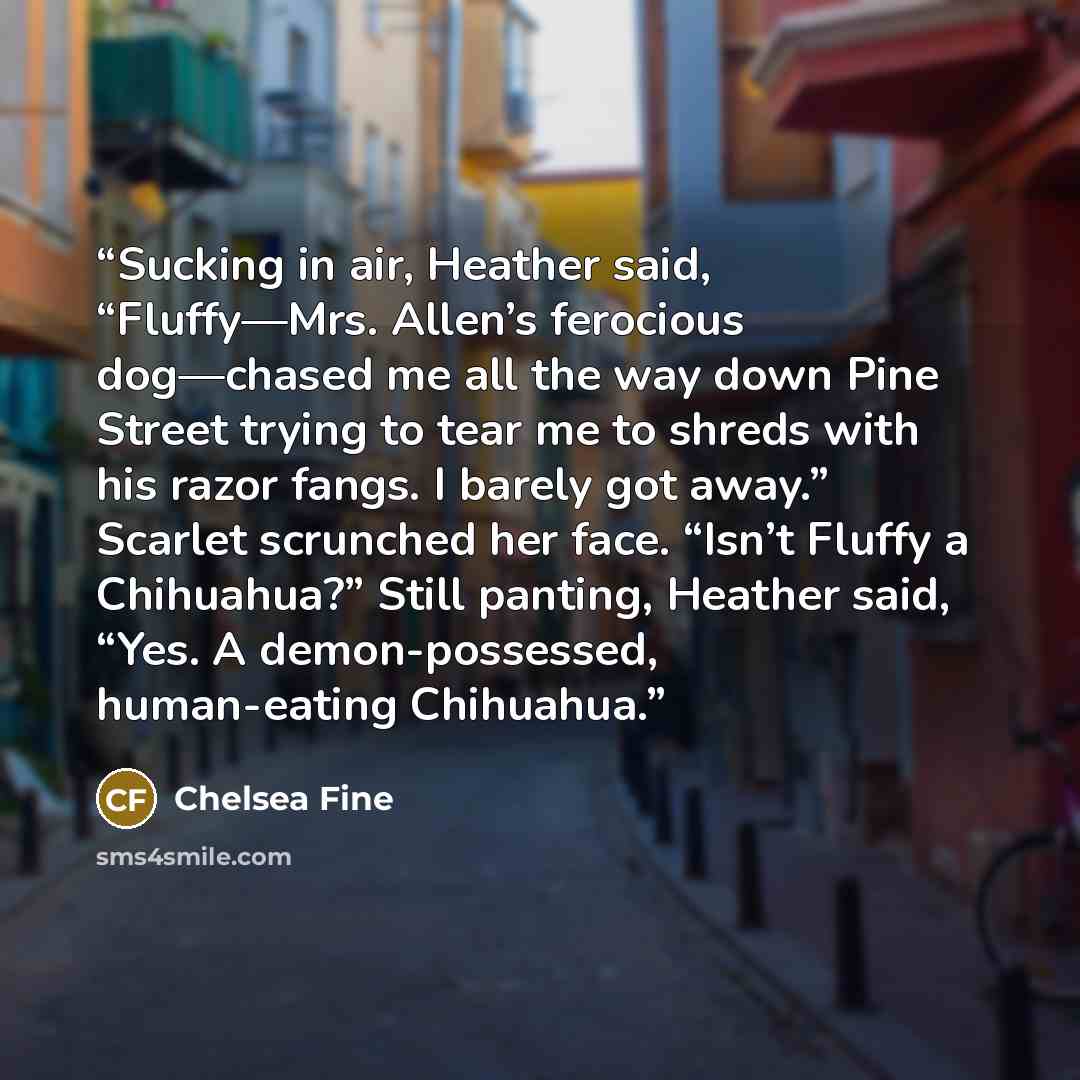 “Sucking in air, Heather said, “Fluffy—Mrs. Allen’s ferocious dog—chased me all the way down Pine Street trying to tear me to shreds with his razor fangs. I barely got away.” Scarlet scrunched her face. “Isn’t Fluffy a Chihuahua?” Still panting, Heather said, “Yes. A demon-possessed, human-eating…” quote by Chelsea Fine