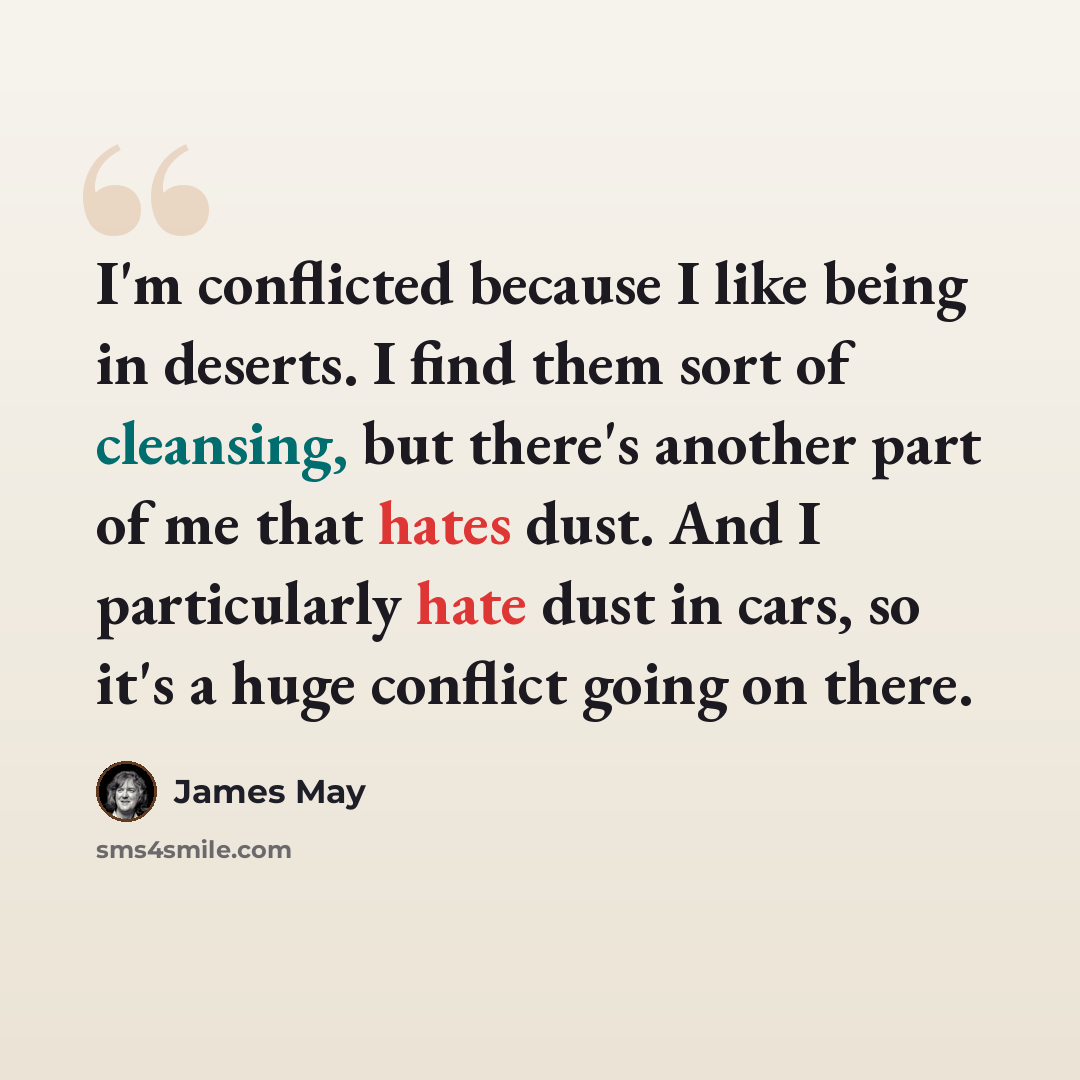 “I'm conflicted because I like being in deserts. I find them sort of cleansing, but there's another part of me that hates dust. And I particularly hate dust in cars, so it's a huge conflict going on there.” quote by James May