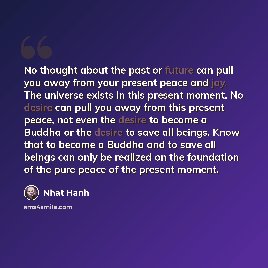 “No thought about the past or future can pull you away from your present peace and joy. The universe exists in this present moment. No desire can pull you away from this present peace, not even the desire to become a Buddha or the desire to save all beings. Know that to become a Buddha and to save…” quote by Nhat Hanh
