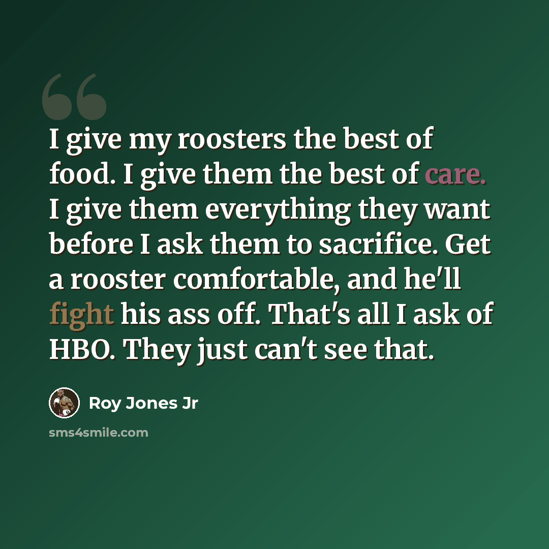 “I give my roosters the best of food. I give them the best of care. I give them everything they want before I ask them to sacrifice. Get a rooster comfortable, and he'll fight his ass off. That's all I ask of HBO. They just can't see that.” quote by Roy Jones Jr