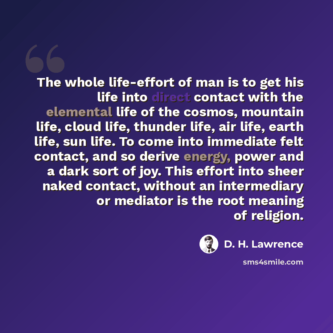 “The whole life-effort of man is to get his life into direct contact with the elemental life of the cosmos, mountain life, cloud life, thunder life, air life, earth life, sun life. To come into immediate felt contact, and so derive energy, power and a dark sort of joy. This effort into sheer naked…” quote by D. H. Lawrence