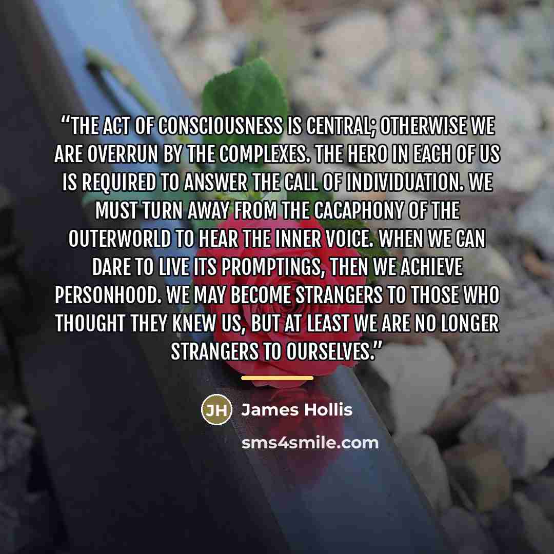 “The act of consciousness is central; otherwise we are overrun by the complexes. The hero in each of us is required to answer the call of individuation. We must turn away from the cacaphony of the outerworld to hear the inner voice. When we can dare to live its promptings, then we achieve…” quote by James Hollis