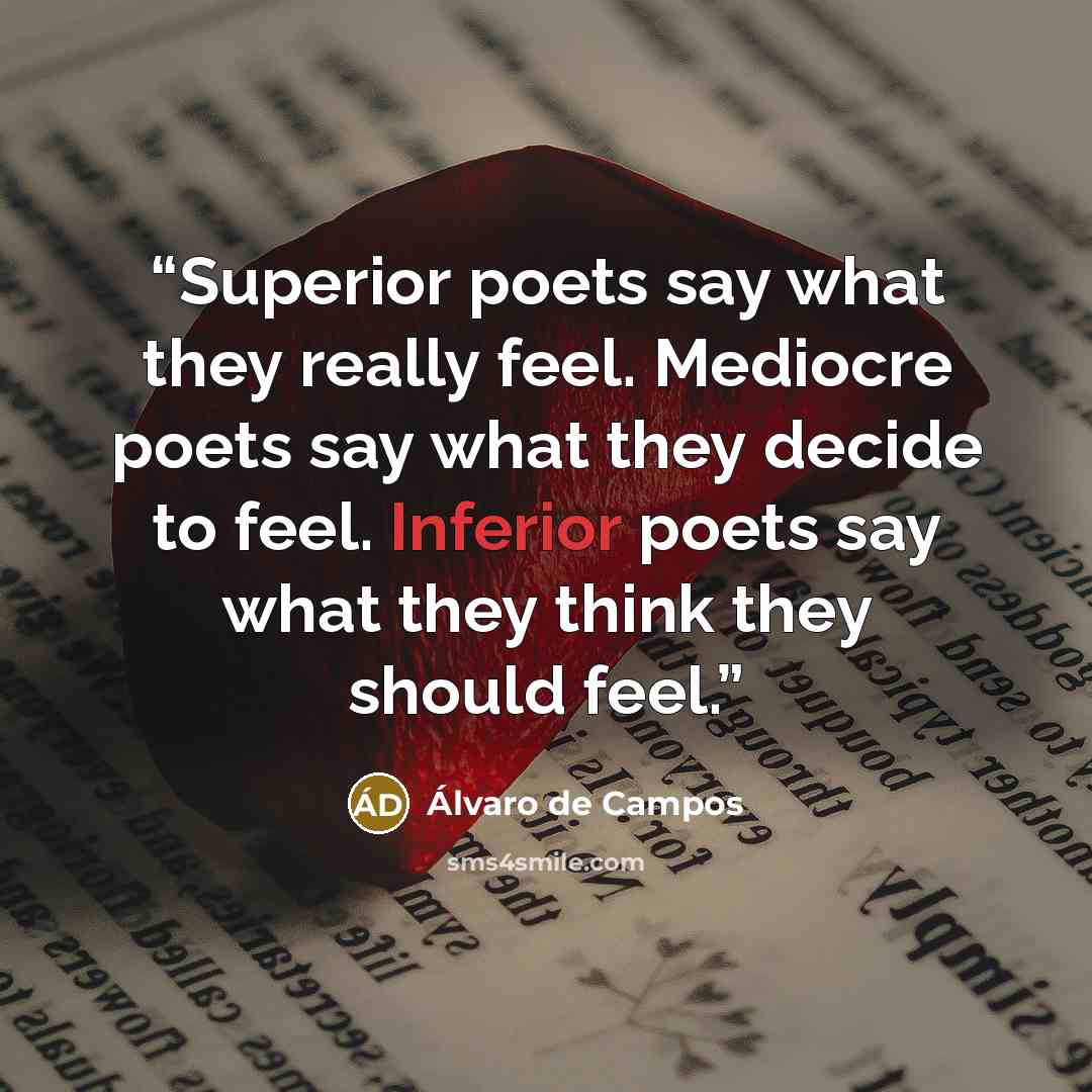 “Superior poets say what they really feel. Mediocre poets say what they decide to feel. Inferior poets say what they think they should feel.” quote by Álvaro de Campos