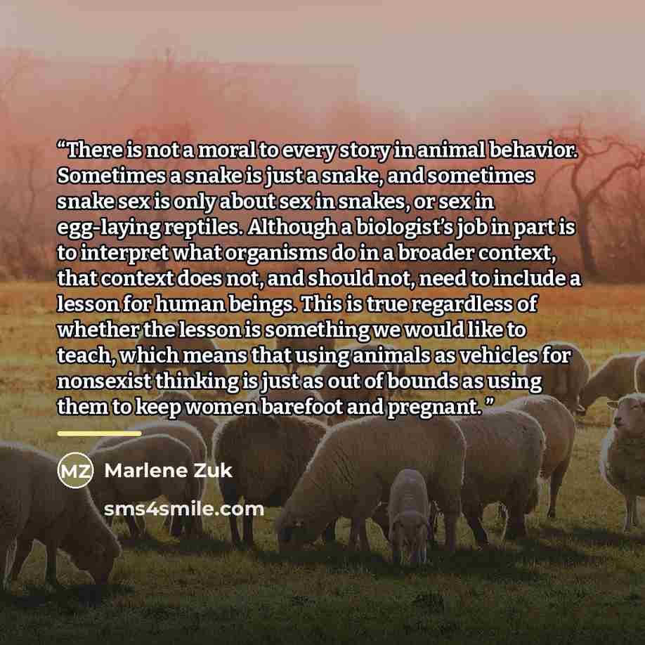 “There is not a moral to every story in animal behavior. Sometimes a snake is just a snake, and sometimes snake sex is only about sex in snakes, or sex in egg-laying reptiles. Although a biologist’s job in part is to interpret what organisms do in a broader context, that context does not, and…” quote by Marlene Zuk