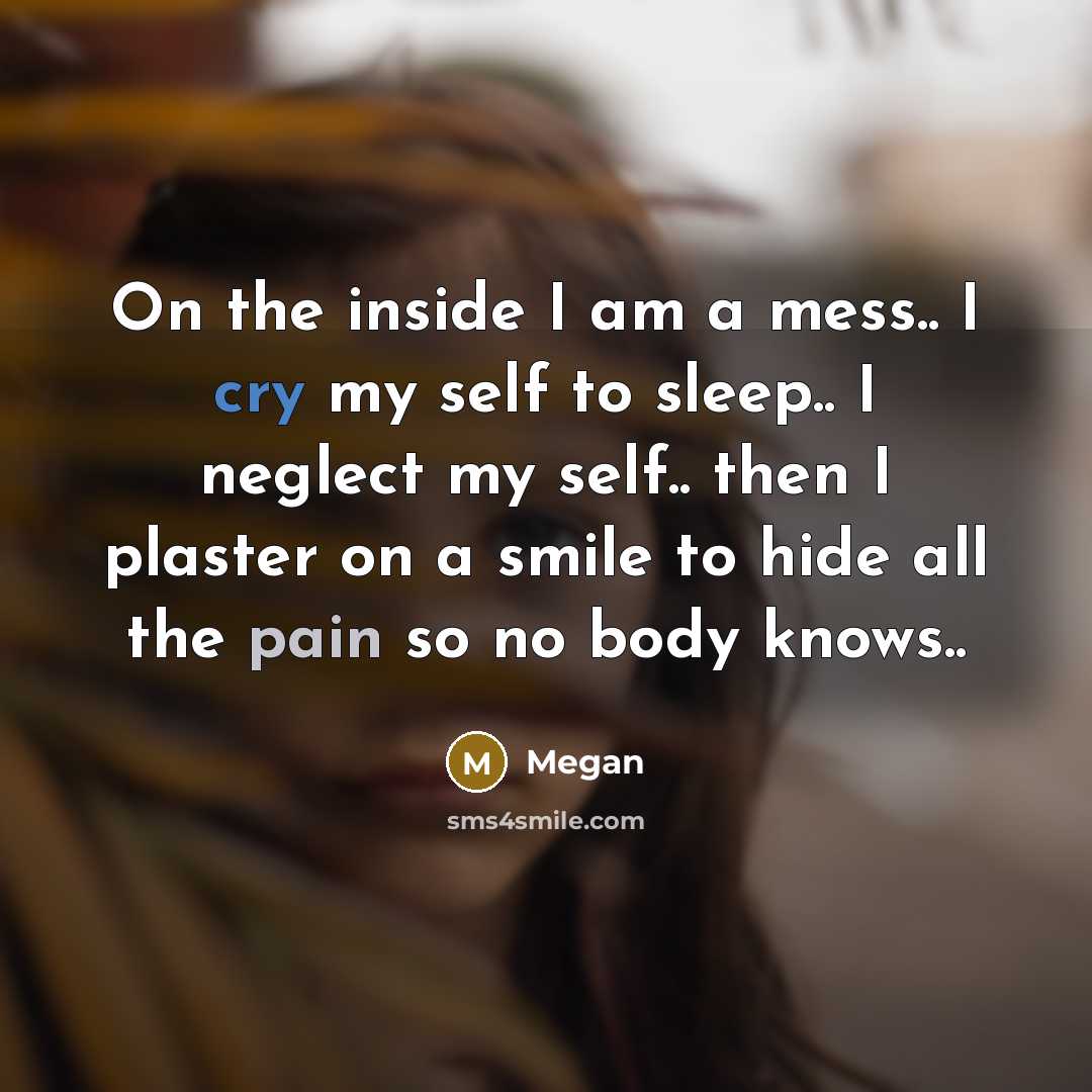 “On the inside I am a mess.. I cry my self to sleep.. I neglect my self.. then I plaster on a smile to hide all the pain so no body knows..” quote by Megan