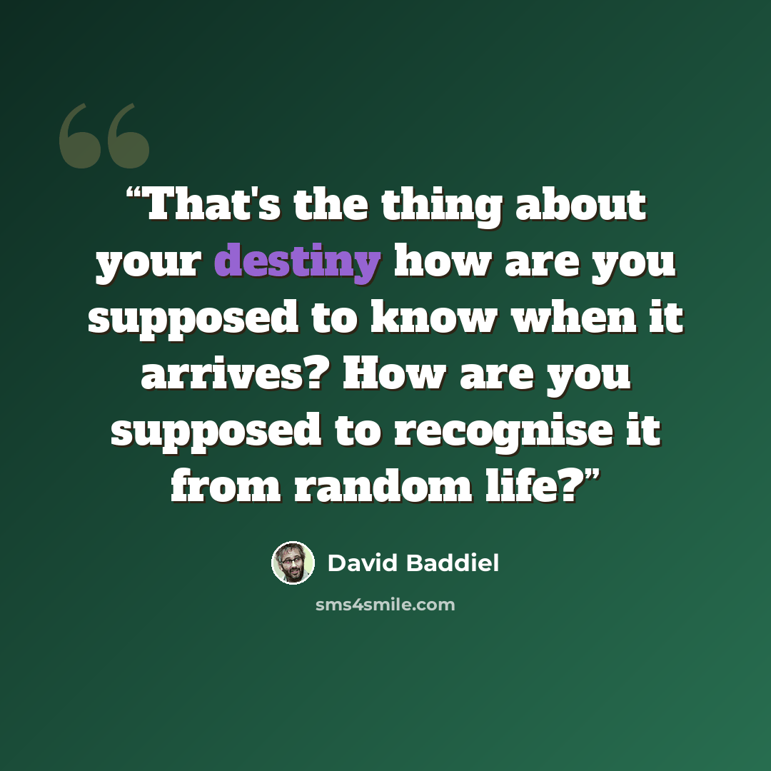“That's the thing about your destiny how are you supposed to know when it arrives? How are you supposed to recognise it from random life?” quote by David Baddiel