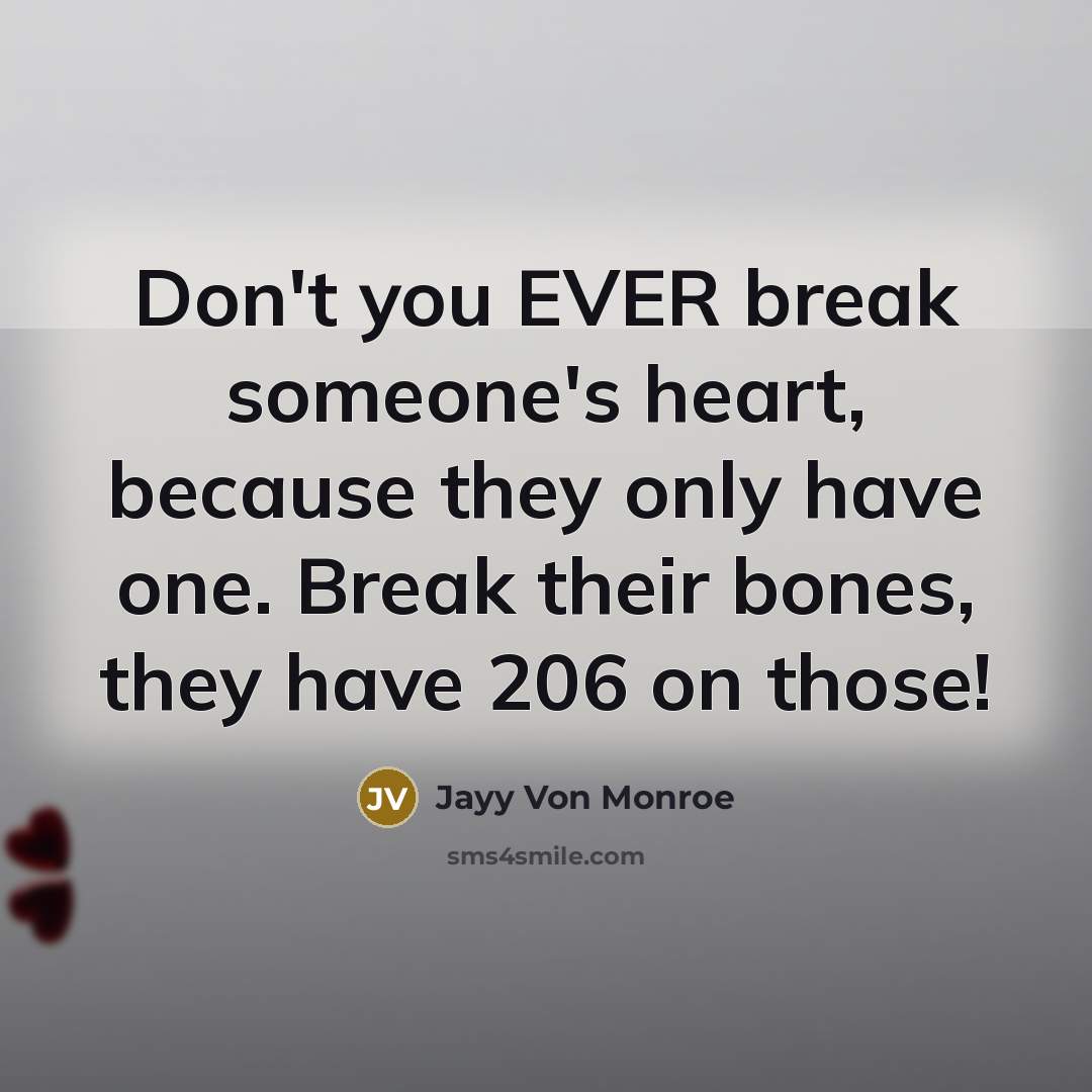 “Don't you EVER break someone's heart, because they only have one. Break their bones, they have 206 on those!” quote by Jayy Von Monroe