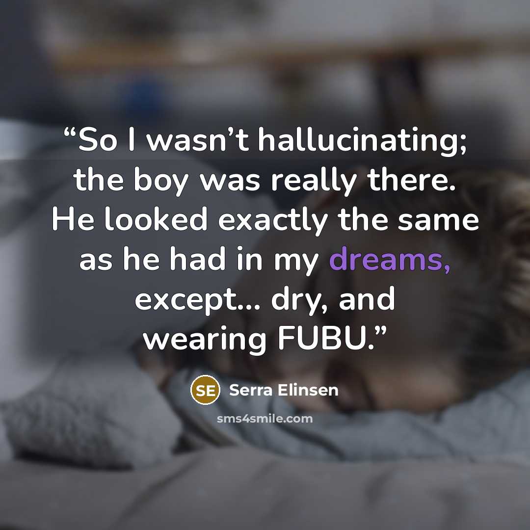 “So I wasn’t hallucinating; the boy was really there. He looked exactly the same as he had in my dreams, except… dry, and wearing FUBU.” quote by Serra Elinsen