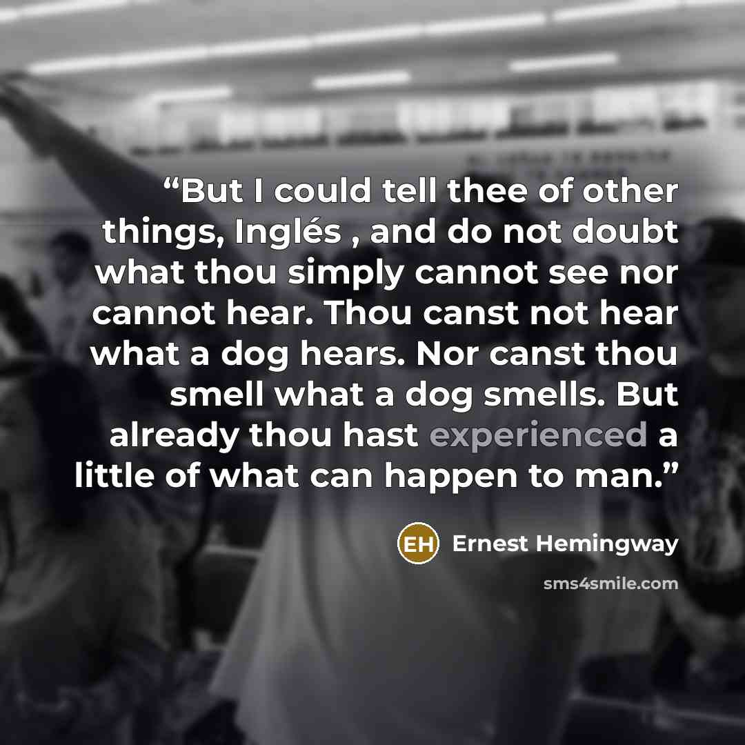 “But I could tell thee of other things, Inglés , and do not doubt what thou simply cannot see nor cannot hear. Thou canst not hear what a dog hears. Nor canst thou smell what a dog smells. But already thou hast experienced a little of what can happen to man.” quote by Ernest Hemingway
