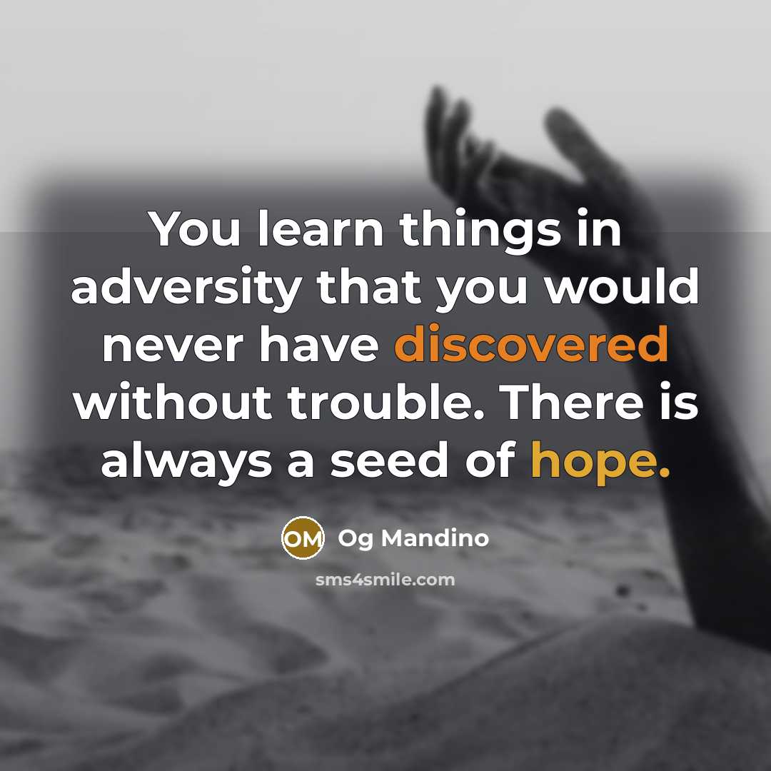 “You learn things in adversity that you would never have discovered without trouble. There is always a seed of hope.” quote by Og Mandino