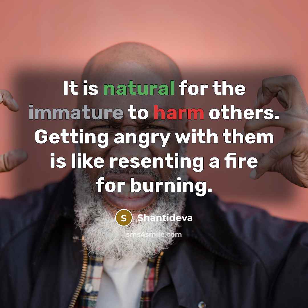 “It is natural for the immature to harm others. Getting angry with them is like resenting a fire for burning.” quote by Shantideva