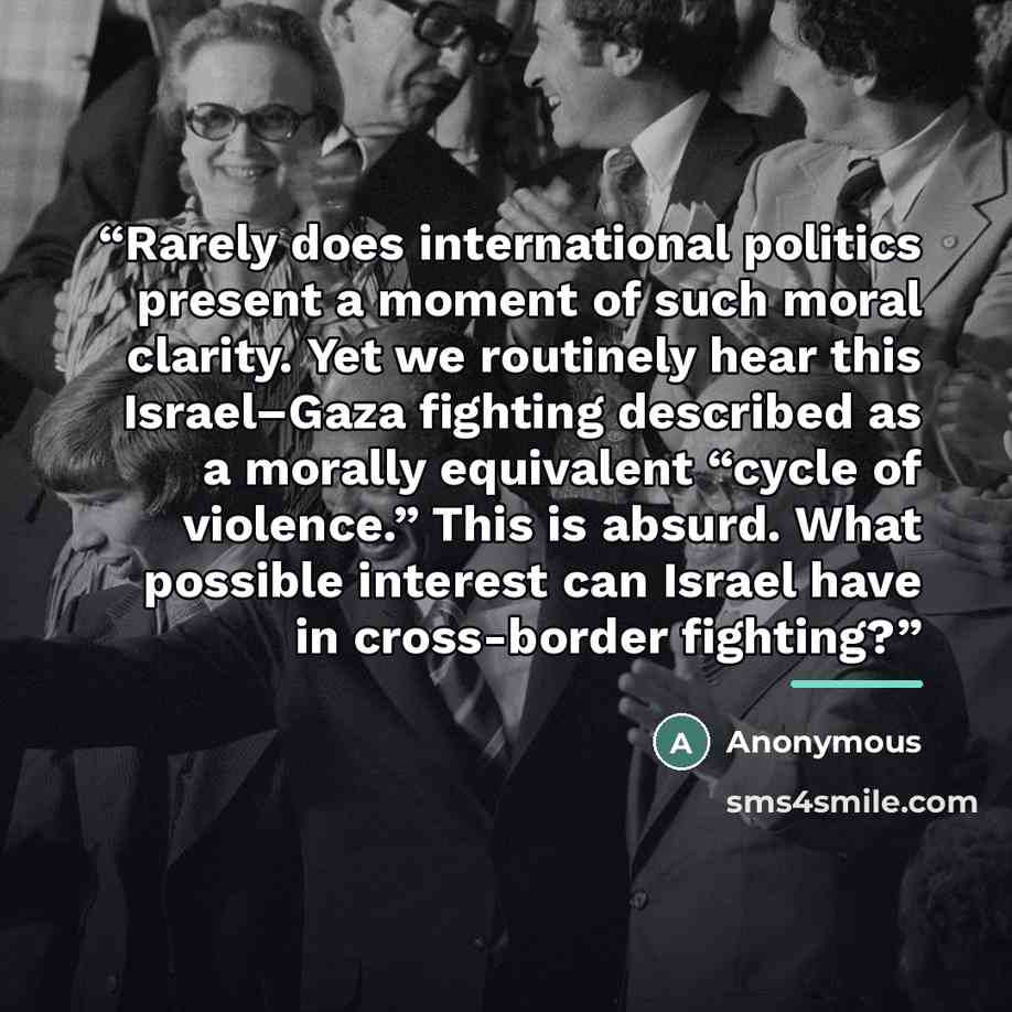 “Rarely does international politics present a moment of such moral clarity. Yet we routinely hear this Israel–Gaza fighting described as a morally equivalent “cycle of violence.” This is absurd. What possible interest can Israel have in cross-border fighting?” quote by Anonymous