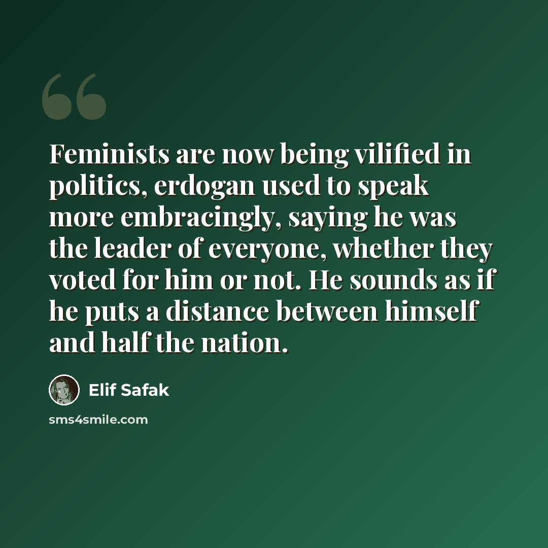 “Feminists are now being vilified in politics, erdogan used to speak more embracingly, saying he was the leader of everyone, whether they voted for him or not. He sounds as if he puts a distance between himself and half the nation.” quote by Elif Safak