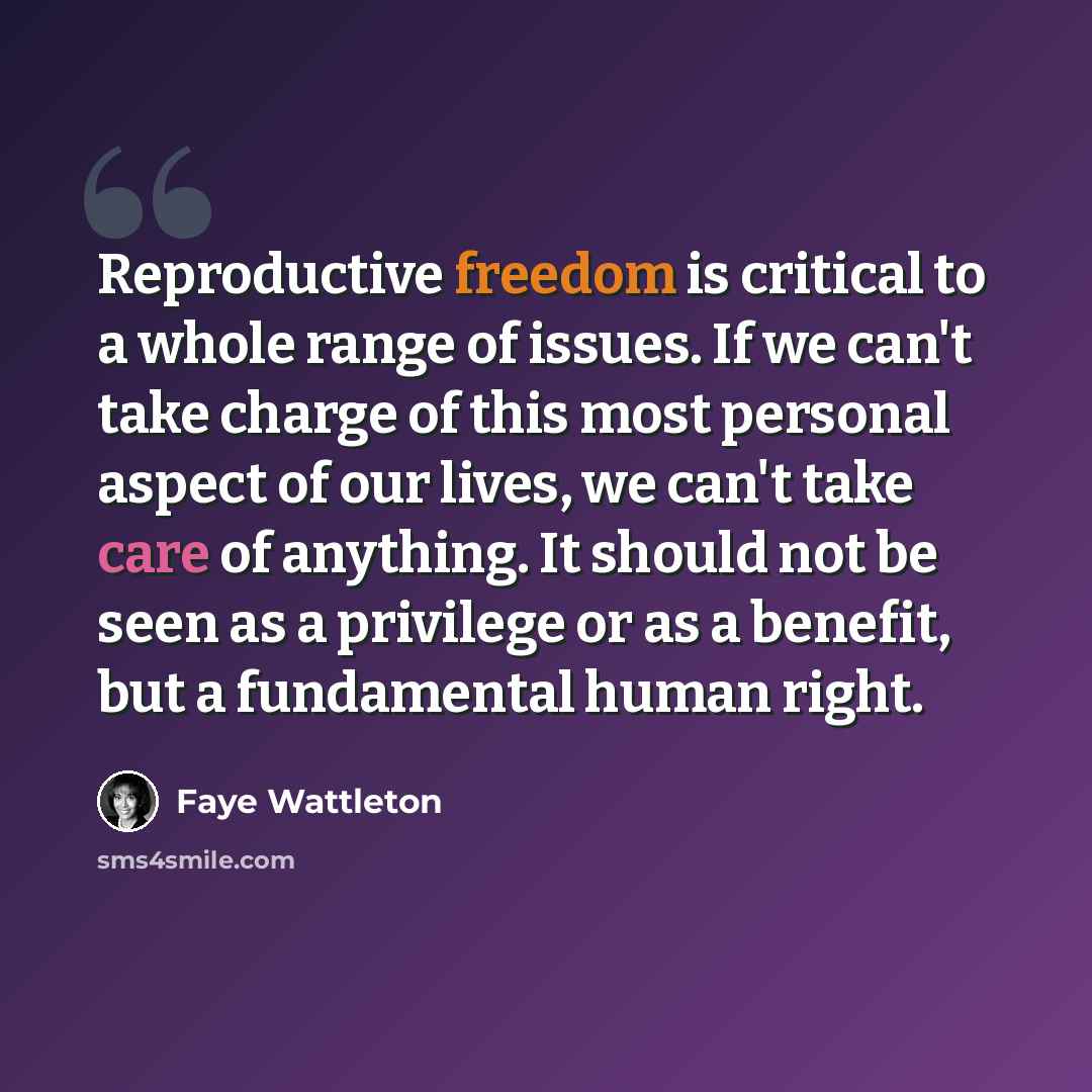 “Reproductive freedom is critical to a whole range of issues. If we can't take charge of this most personal aspect of our lives, we can't take care of anything. It should not be seen as a privilege or as a benefit, but a fundamental human right.” quote by Faye Wattleton