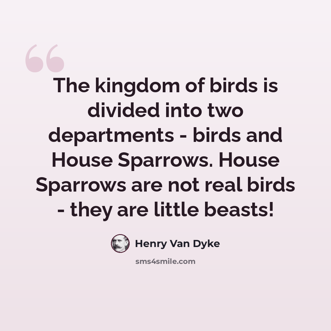 “The kingdom of birds is divided into two departments - birds and House Sparrows. House Sparrows are not real birds - they are little beasts!” quote by Henry Van Dyke