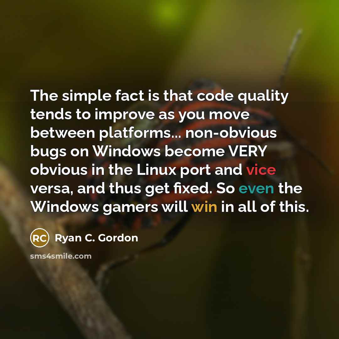 “The simple fact is that code quality tends to improve as you move between platforms... non-obvious bugs on Windows become VERY obvious in the Linux port and vice versa, and thus get fixed. So even the Windows gamers will win in all of this.” quote by Ryan C. Gordon