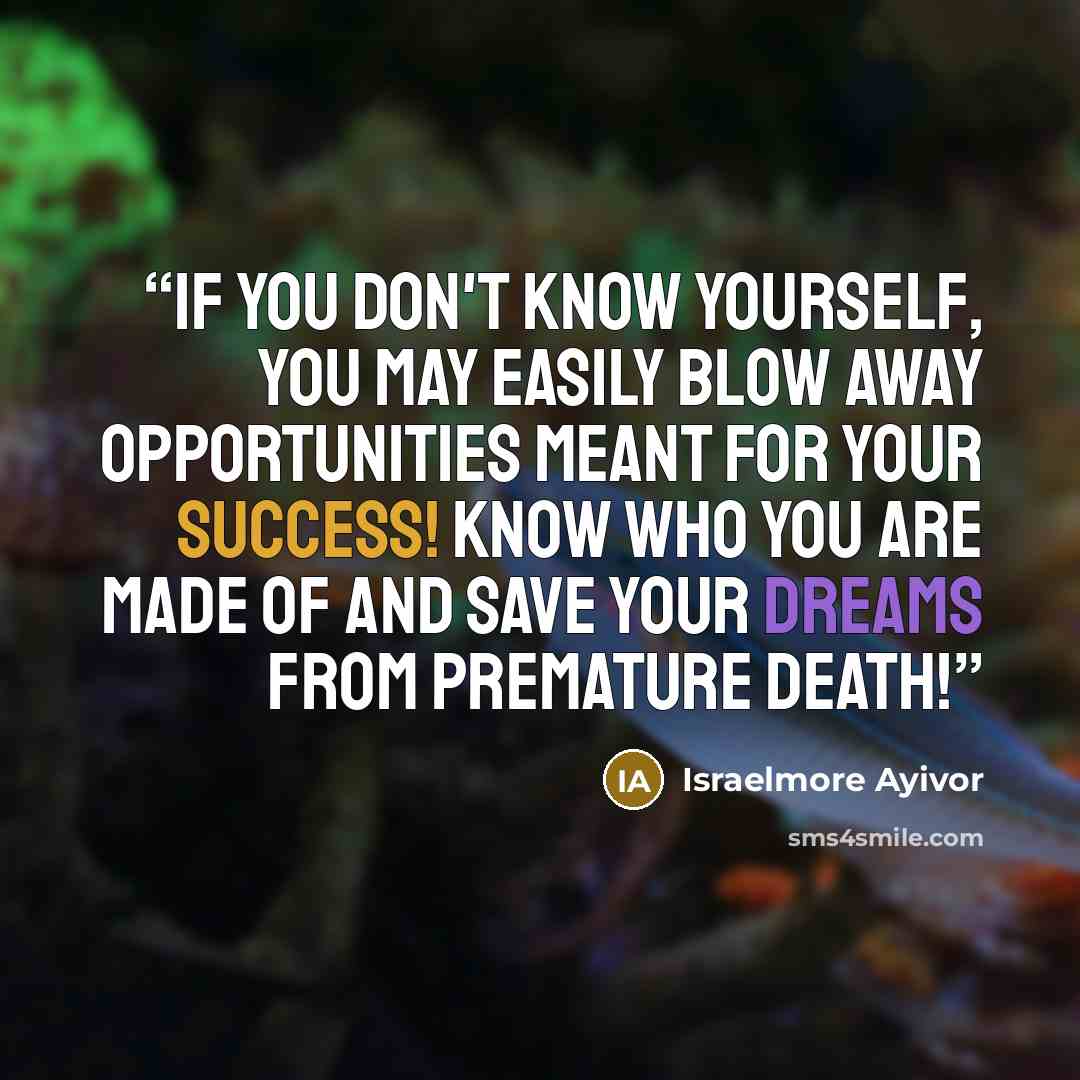 “If you don't know yourself, you may easily blow away opportunities meant for your success! Know who you are made of and save your dreams from premature death!” quote by Israelmore Ayivor