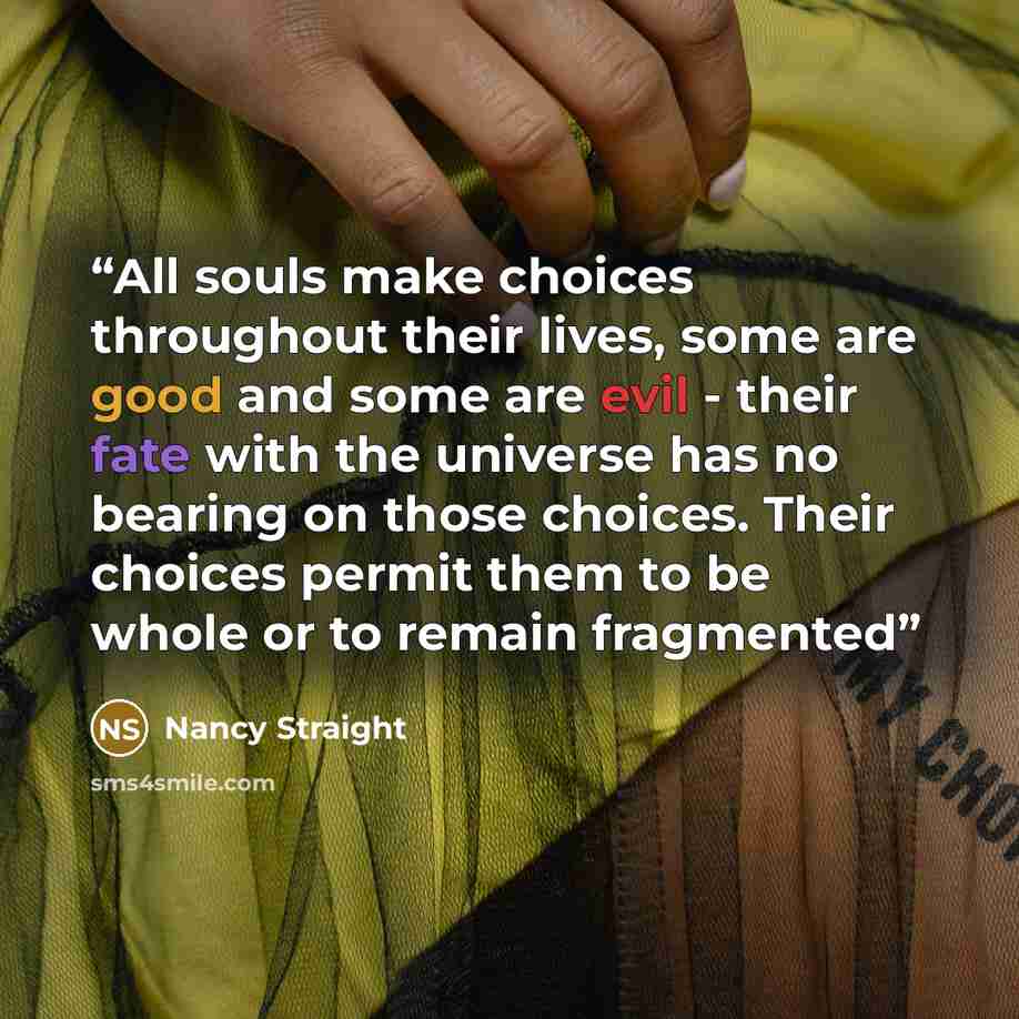“All souls make choices throughout their lives, some are good and some are evil - their fate with the universe has no bearing on those choices. Their choices permit them to be whole or to remain fragmented” quote by Nancy Straight