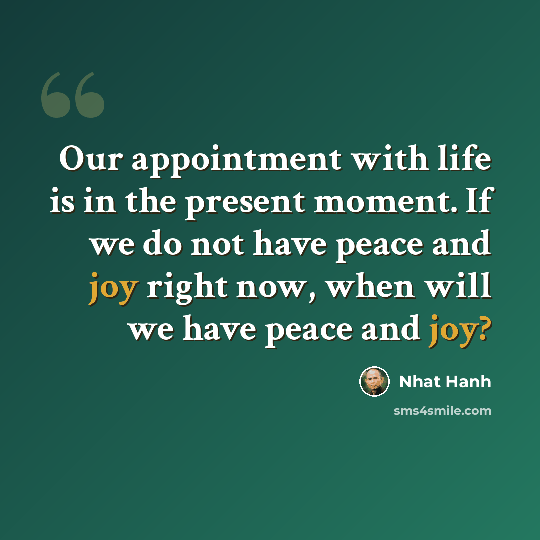 “Our appointment with life is in the present moment. If we do not have peace and joy right now, when will we have peace and joy?” quote by Nhat Hanh