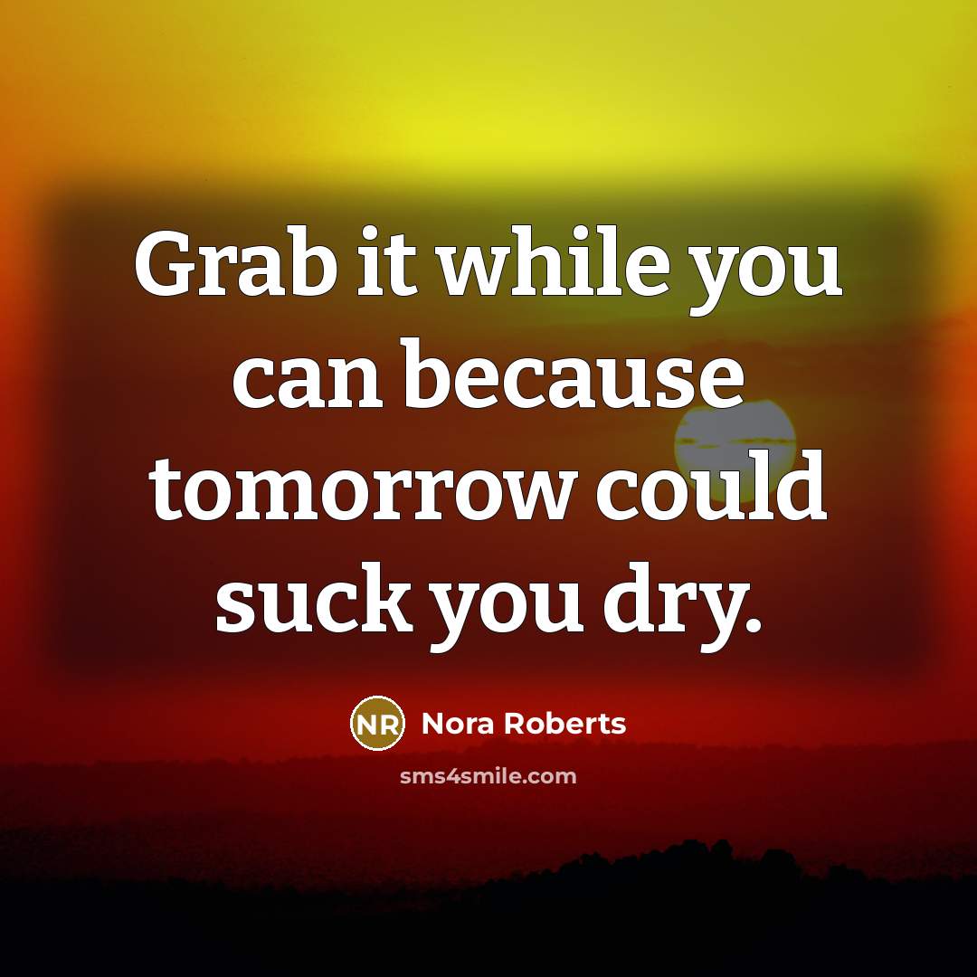 “Grab it while you can because tomorrow could suck you dry.” quote by Nora Roberts