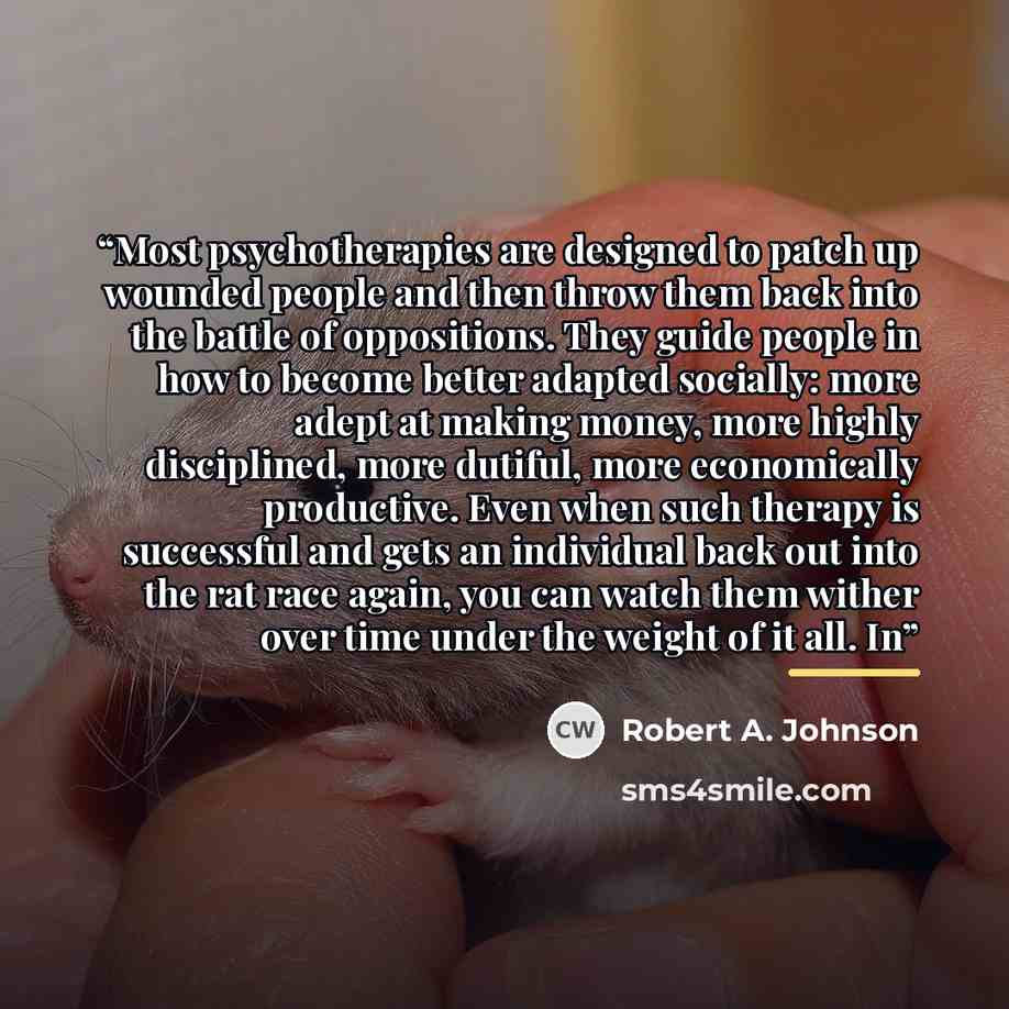 “Most psychotherapies are designed to patch up wounded people and then throw them back into the battle of oppositions. They guide people in how to become better adapted socially: more adept at making money, more highly disciplined, more dutiful, more economically productive. Even when such therapy…” quote by Robert A. Johnson