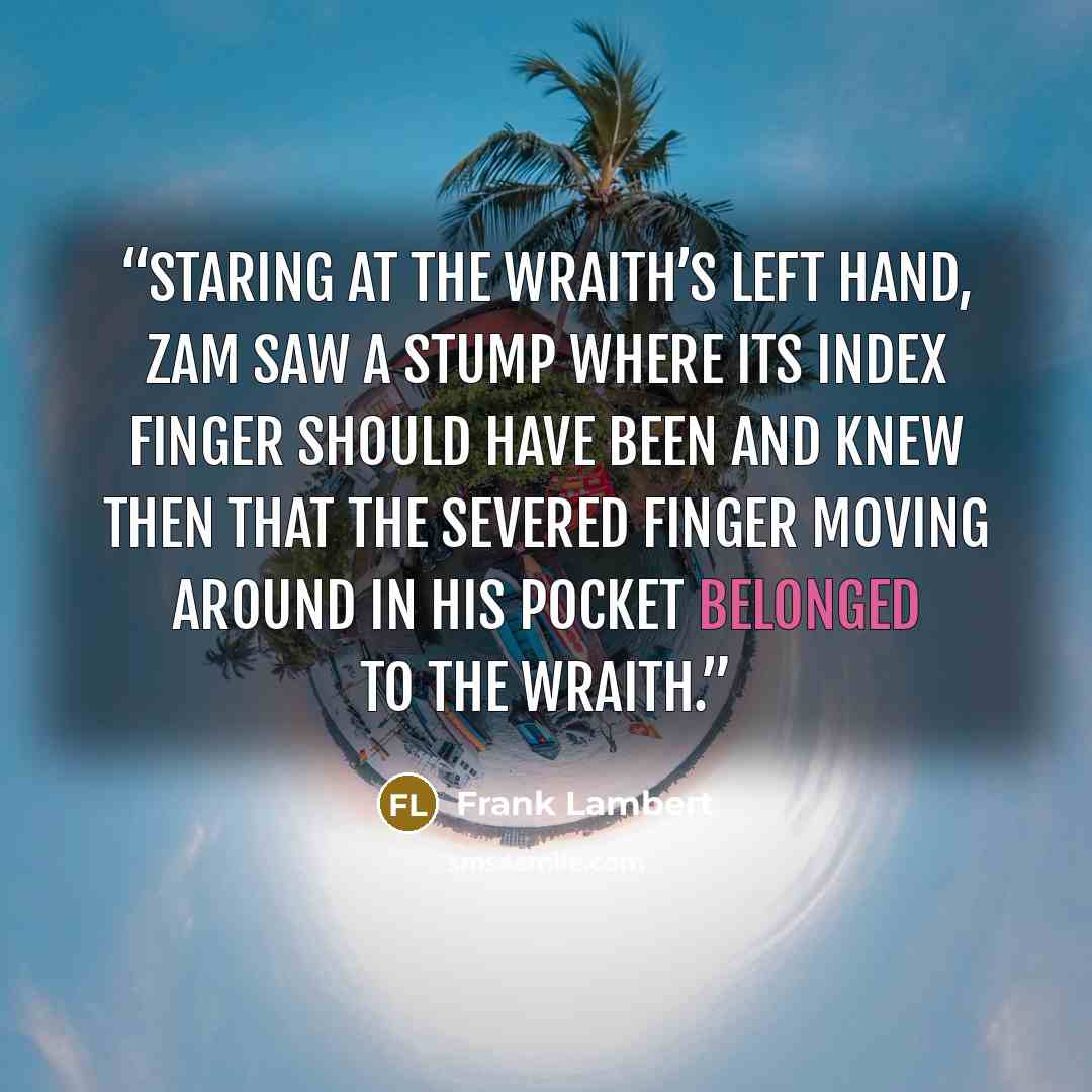 “Staring at the wraith’s left hand, Zam saw a stump where its index finger should have been and knew then that the severed finger moving around in his pocket belonged to the wraith.” quote by Frank Lambert