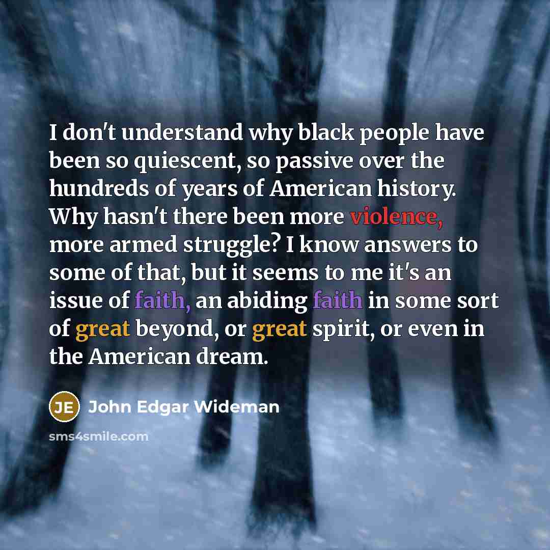 “I don't understand why black people have been so quiescent, so passive over the hundreds of years of American history. Why hasn't there been more violence, more armed struggle? I know answers to some of that, but it seems to me it's an issue of faith, an abiding faith in some sort of great beyond…” quote by John Edgar Wideman