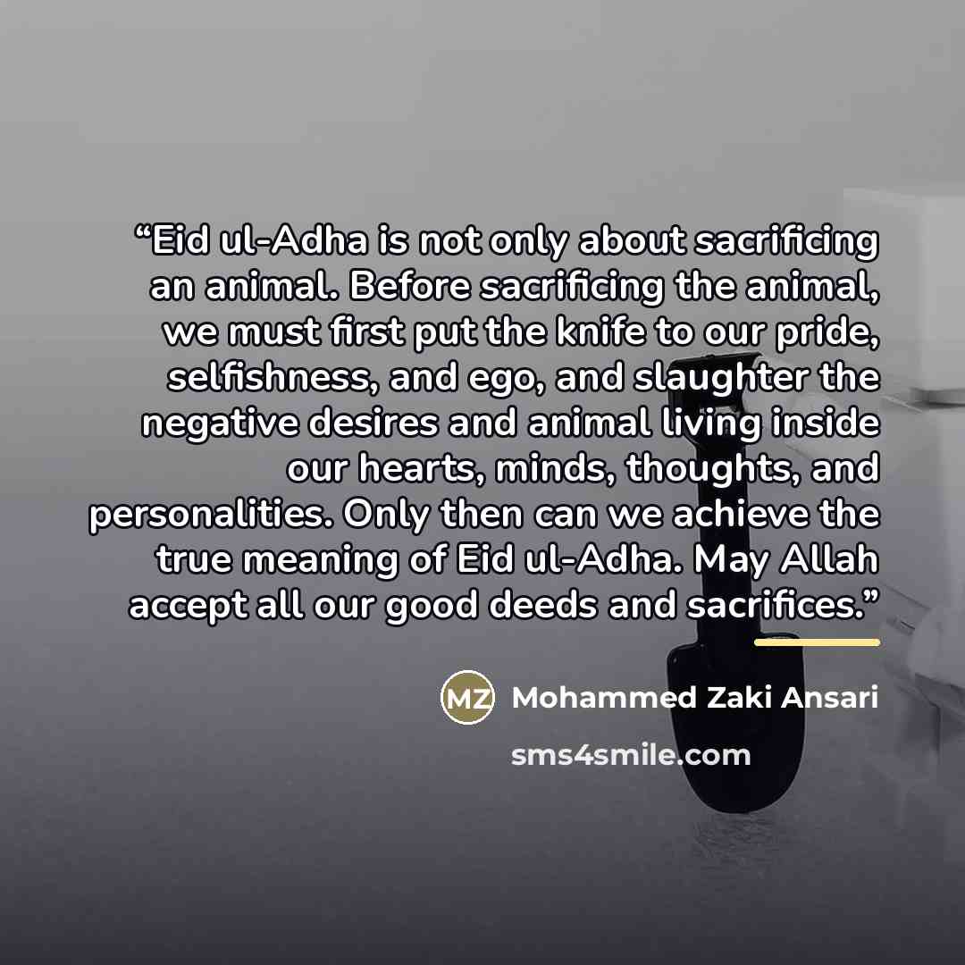 “Eid ul-Adha is not only about sacrificing an animal. Before sacrificing the animal, we must first put the knife to our pride, selfishness, and ego, and slaughter the negative desires and animal living inside our hearts, minds, thoughts, and personalities. Only then can we achieve the true meaning…” quote by Mohammed Zaki Ansari