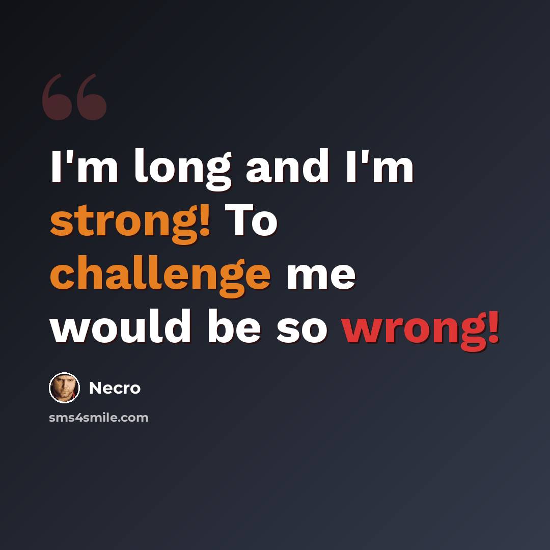 “I'm long and I'm strong! To challenge me would be so wrong!” quote by Necro