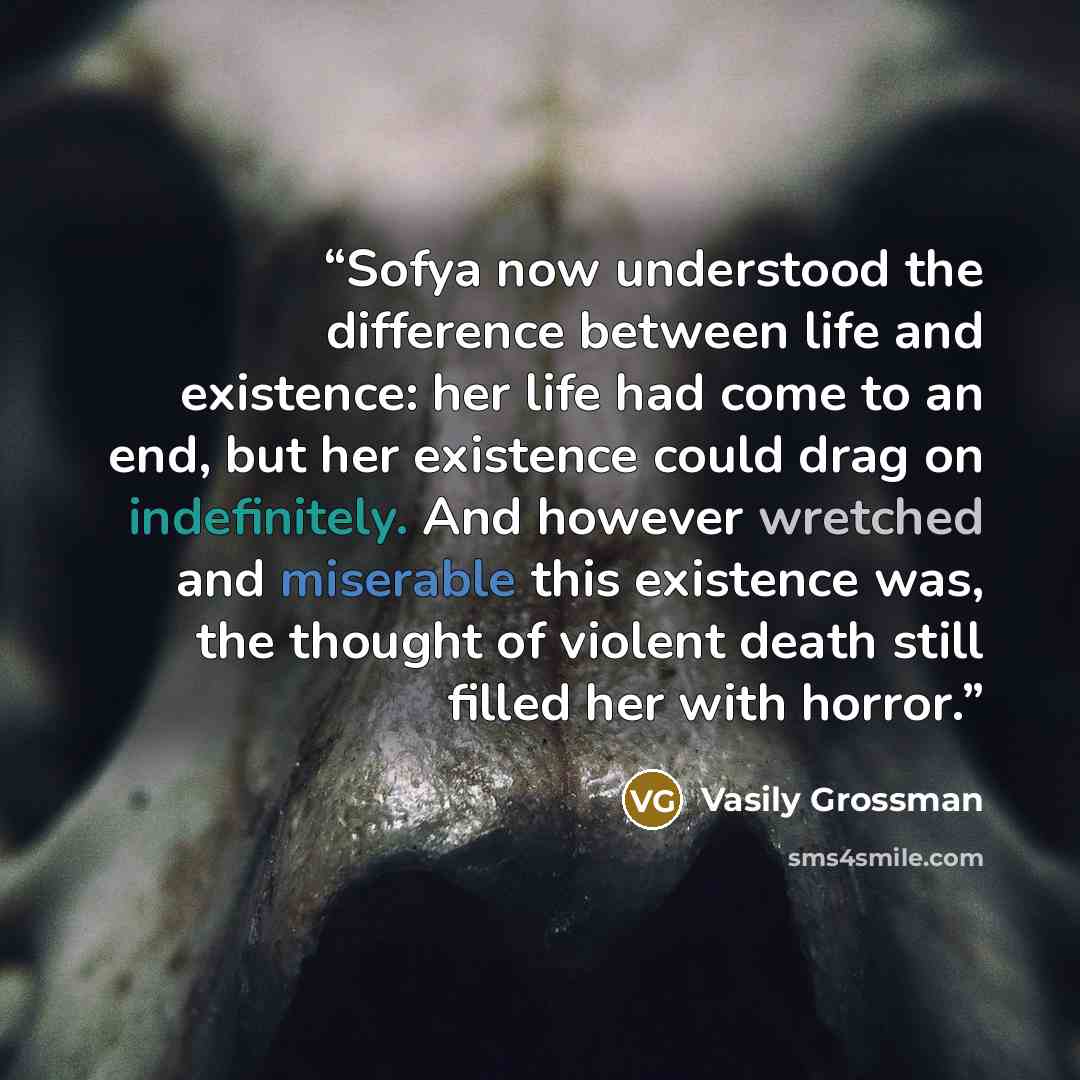 “Sofya now understood the difference between life and existence: her life had come to an end, but her existence could drag on indefinitely. And however wretched and miserable this existence was, the thought of violent death still filled her with horror.” quote by Vasily Grossman