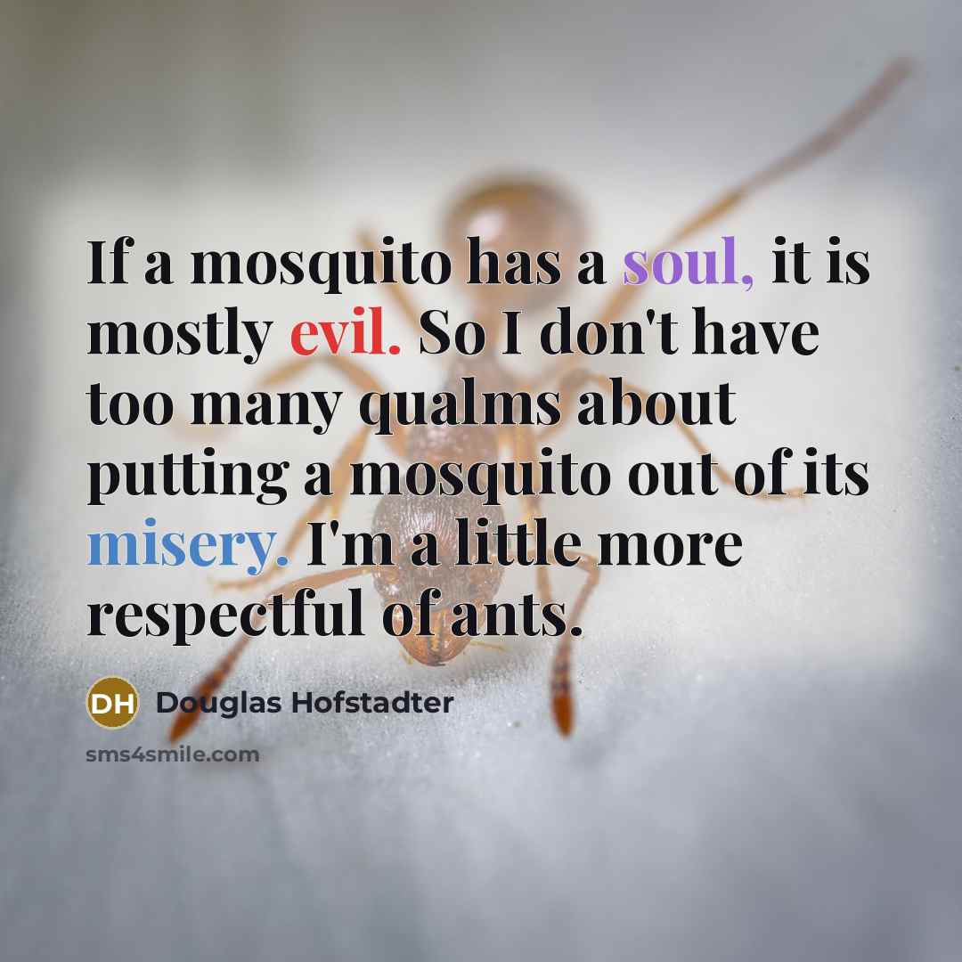 “If a mosquito has a soul, it is mostly evil. So I don't have too many qualms about putting a mosquito out of its misery. I'm a little more respectful of ants.” quote by Douglas Hofstadter