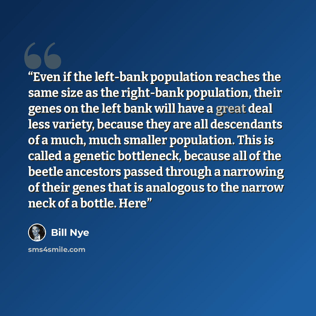 “Even if the left-bank population reaches the same size as the right-bank population, their genes on the left bank will have a great deal less variety, because they are all descendants of a much, much smaller population. This is called a genetic bottleneck, because all of the beetle ancestors…” quote by Bill Nye