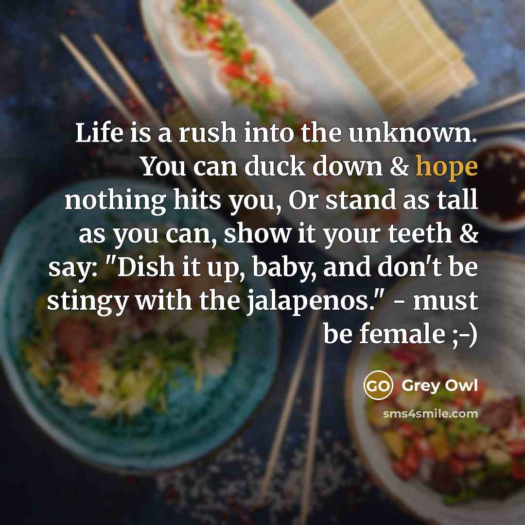 “Life is a rush into the unknown. You can duck down & hope nothing hits you, Or stand as tall as you can, show it your teeth & say: "Dish it up, baby, and don't be stingy with the jalapenos." - must be female ;-)” quote by Grey Owl