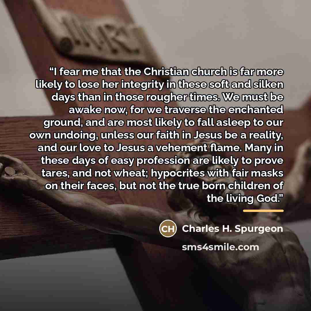 “I fear me that the Christian church is far more likely to lose her integrity in these soft and silken days than in those rougher times. We must be awake now, for we traverse the enchanted ground, and are most likely to fall asleep to our own undoing, unless our faith in Jesus be a reality, and our…” quote by Charles H. Spurgeon
