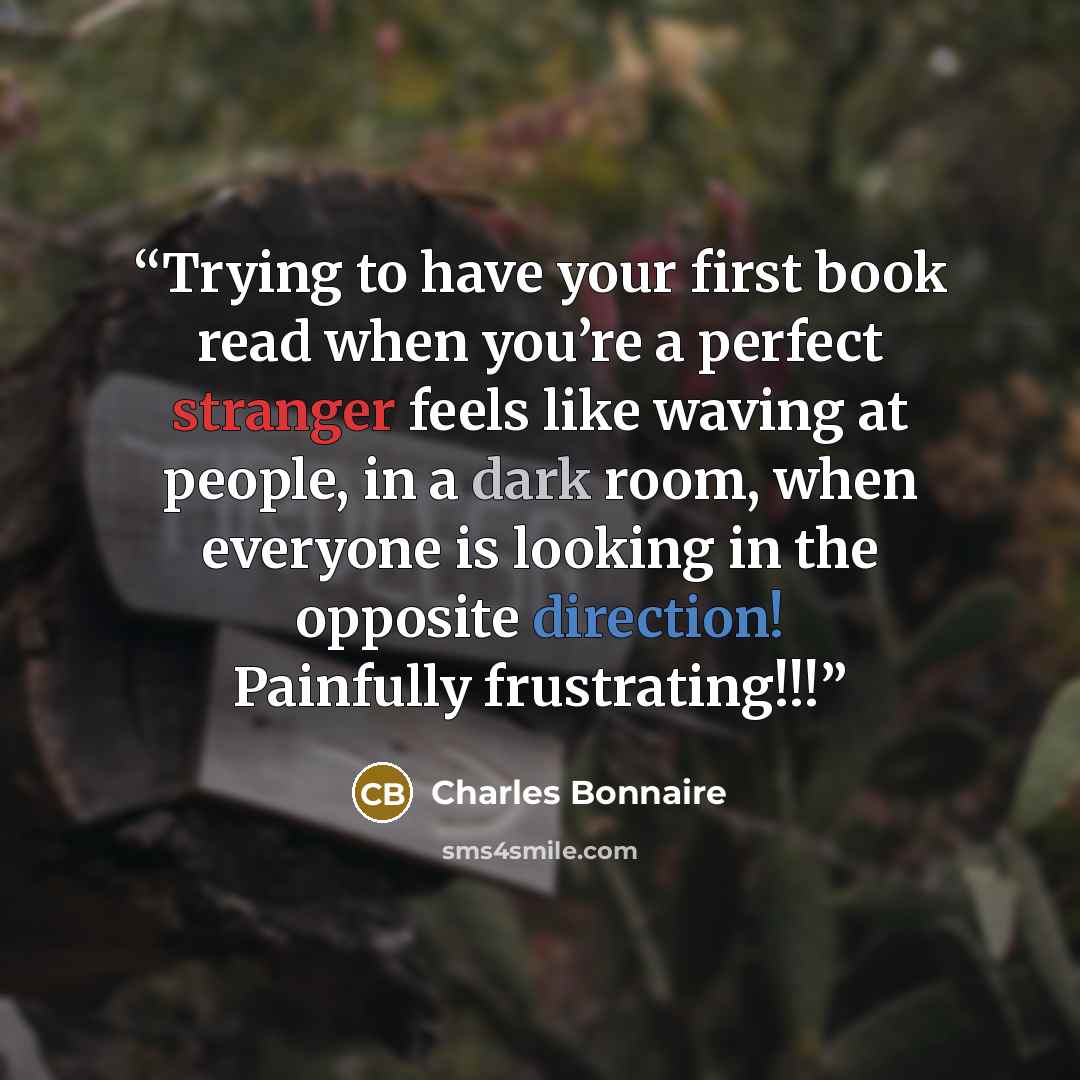 “Trying to have your first book read when you’re a perfect stranger feels like waving at people, in a dark room, when everyone is looking in the opposite direction! Painfully frustrating!!!” quote by Charles Bonnaire