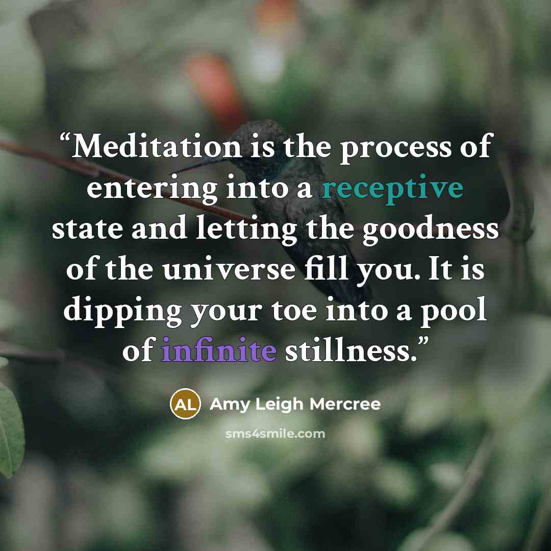 “Meditation is the process of entering into a receptive state and letting the goodness of the universe fill you. It is dipping your toe into a pool of infinite stillness.” quote by Amy Leigh Mercree