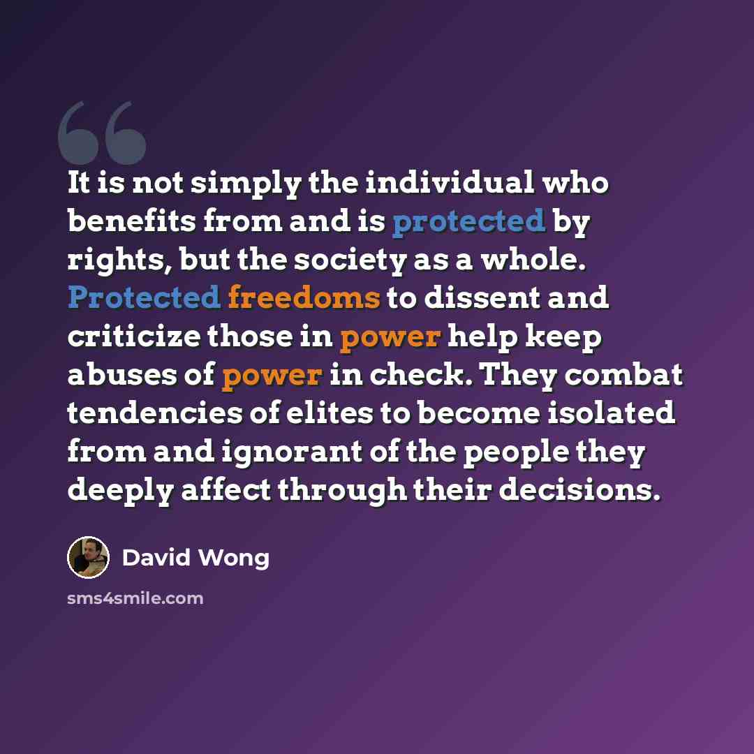 “It is not simply the individual who benefits from and is protected by rights, but the society as a whole. Protected freedoms to dissent and criticize those in power help keep abuses of power in check. They combat tendencies of elites to become isolated from and ignorant of the people they deeply…” quote by David Wong