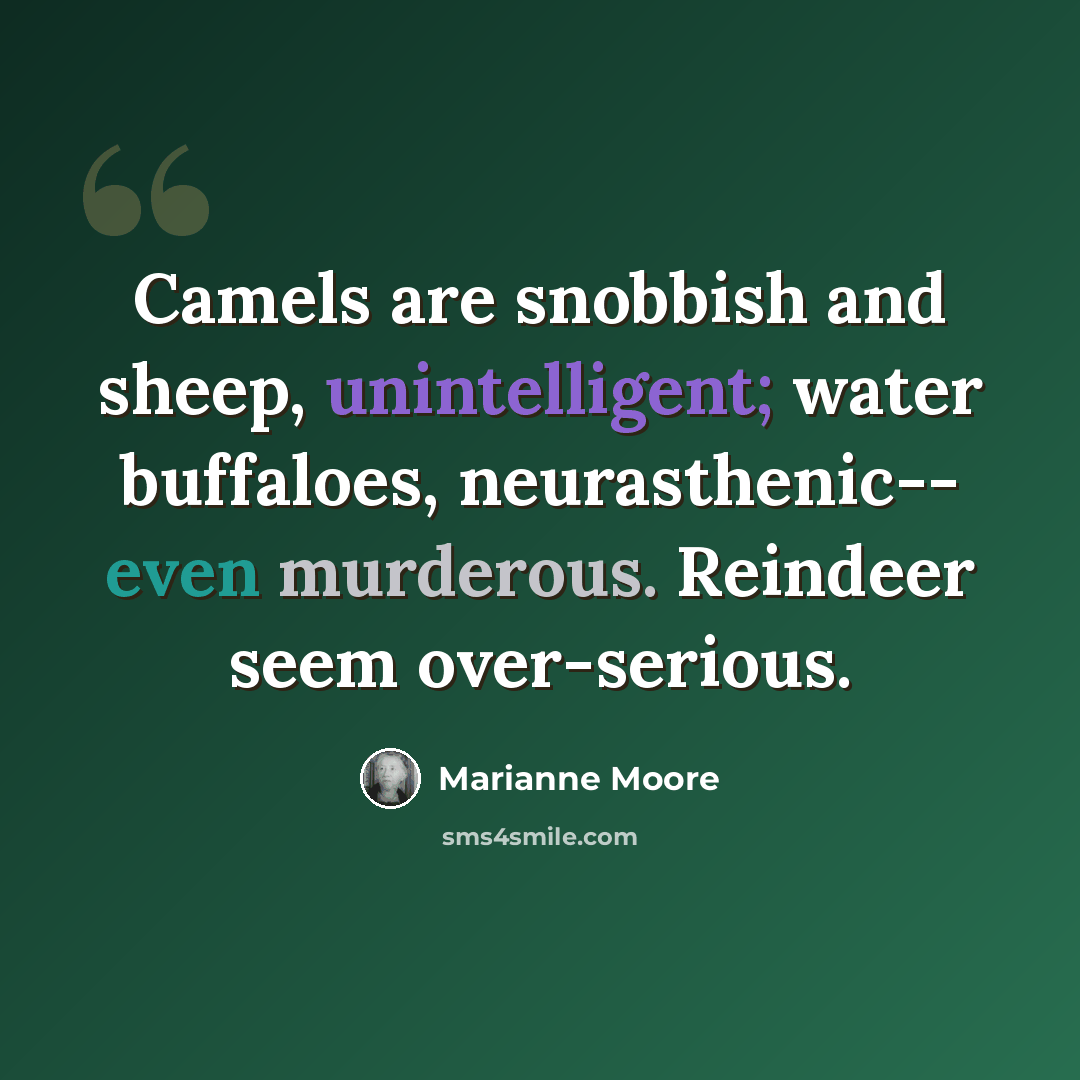 “Camels are snobbish and sheep, unintelligent; water buffaloes, neurasthenic-- even murderous. Reindeer seem over-serious.” quote by Marianne Moore