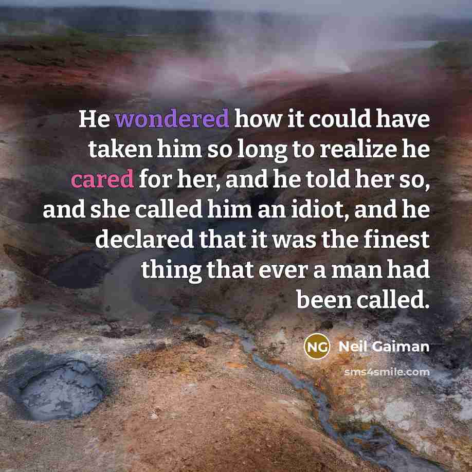“He wondered how it could have taken him so long to realize he cared for her, and he told her so, and she called him an idiot, and he declared that it was the finest thing that ever a man had been called.” quote by Neil Gaiman