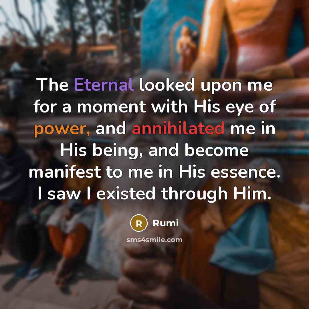 “The Eternal looked upon me for a moment with His eye of power, and annihilated me in His being, and become manifest to me in His essence. I saw I existed through Him.” quote by Rumi