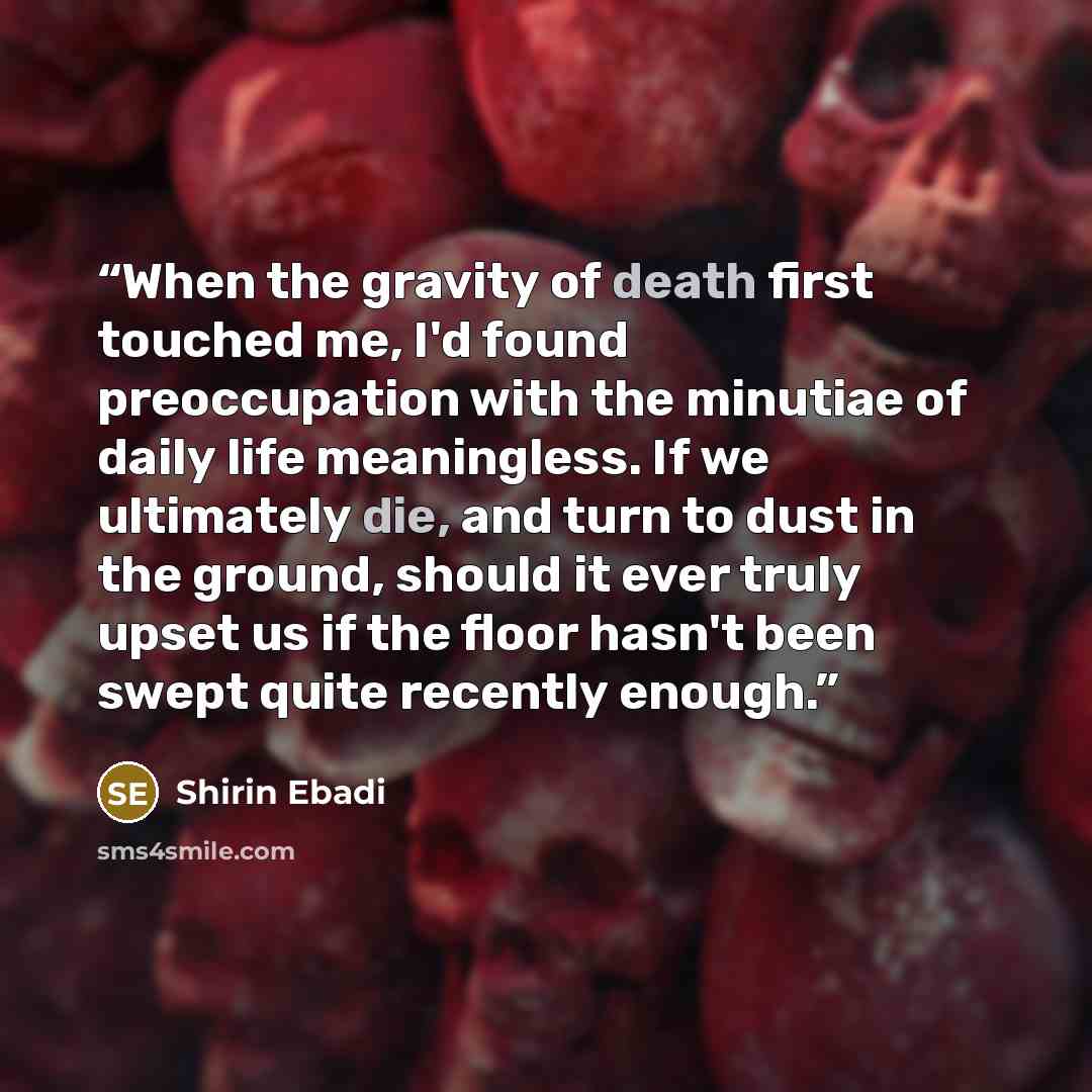 “When the gravity of death first touched me, I'd found preoccupation with the minutiae of daily life meaningless. If we ultimately die, and turn to dust in the ground, should it ever truly upset us if the floor hasn't been swept quite recently enough.” quote by Shirin Ebadi